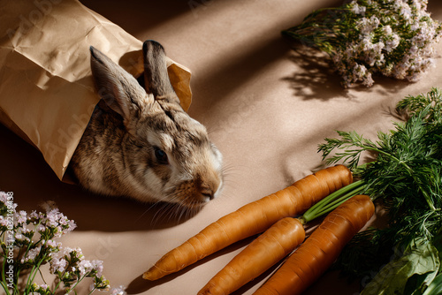 Rabbit food packaging mockup with rabbit and carrots on table with flowers in a bright room designed for pet nutrition marketing