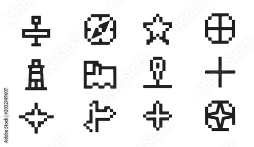 Obraz na płótnie Pixel art interface icons set for navigational design elements and geometric map markers