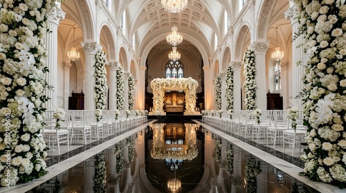 Grand wedding ceremony hall with rows of white chairs, tall floral arrangements of white roses, and a large floral archway on a reflective black marble floor in a church