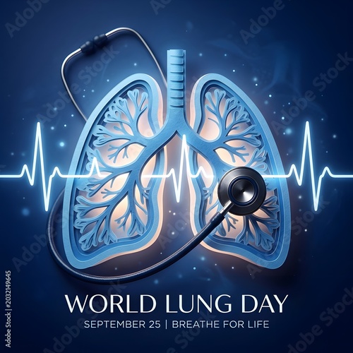 Lung day featuring a stylized blue anatomical lung a medical stethoscope, and a glowing heartbeat ekg line on a deep blue background, for health awareness