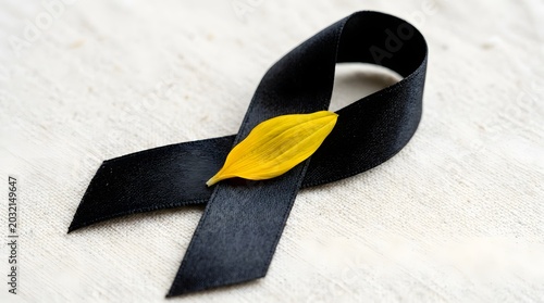 Black awareness ribbon with a single yellow petal placed on resting on a textured off-white fabric background, representing mourning, remembrance, and support for causes