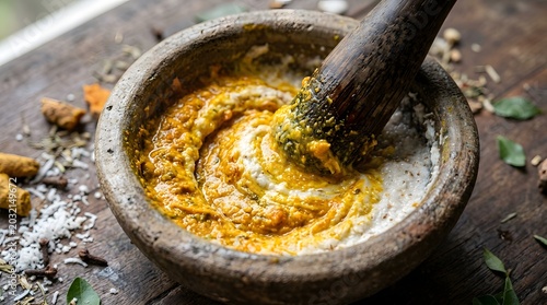 Traditional stone mortar and pestle grinding fresh turmeric root into a vibrant yellow paste on a rustic dark wooden table with scattered spices and green leaves in a kitchen setting