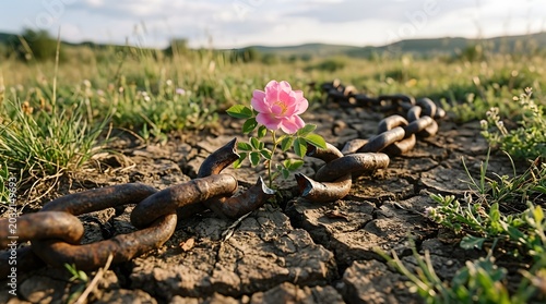 A single delicate pink flower growing through a broken rusty metal chain on dry cracked earth in a field representing resilience, hope, and new life emerging from harsh conditions