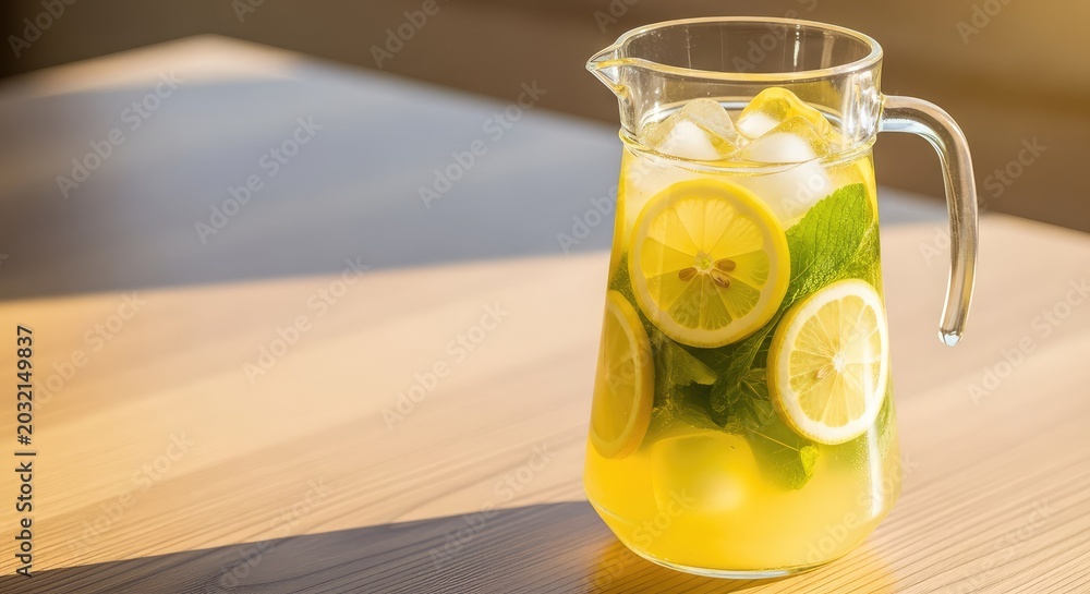 Fototapeta premium A tall glass pitcher filled with cold lemonade, ice cubes, vibrant yellow lemon slices, and fresh green mint leaves on a sunlit table, mint, cooling, table
