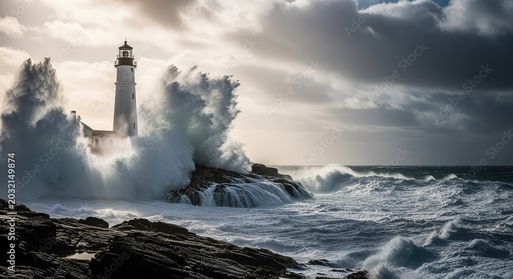 Fototapeta premium A tall white lighthouse stands firmly on a jagged rocky island as massive dark ocean waves crash violently against the shore during a storm, scenery, blue, rocks