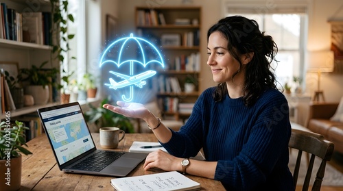 Woman using laptop with glowing digital umbrella icon, online insurance protection concept in modern home interior