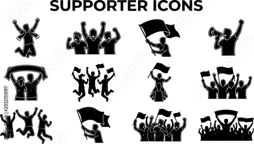 Photos set of black silhouettes of people celebrating and cheering with flags and banne