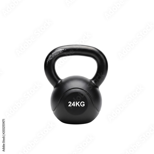Black cast iron 24kg kettlebell for weight training and fitness exercise isolated on transparent background.