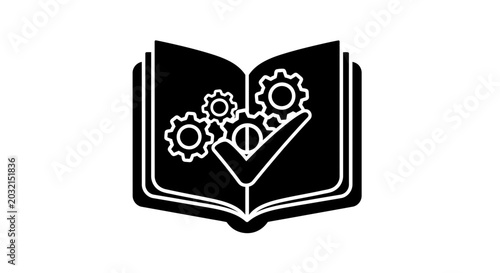Open Book with Gears and Checkmark Icon Symbolizing Process and Success.