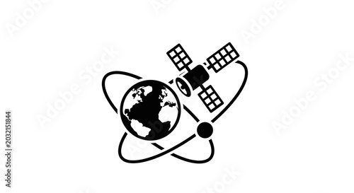 Satellite orbiting Earth global communication technology icon.