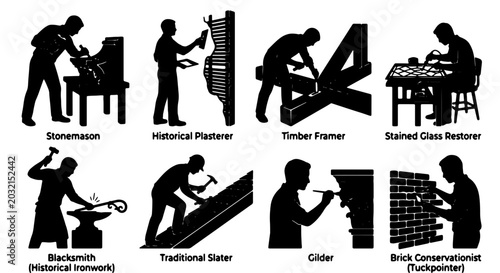 Εκτύπωση καμβά Craftsmen Collection: Stonemason, Plasterer, Timber Framer, Glass Restorer, Blac