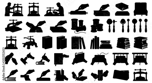 Fotografie Vintage Bookbinding Tools & Equipment Silhouettes, Printing Press, Quill Pens, B