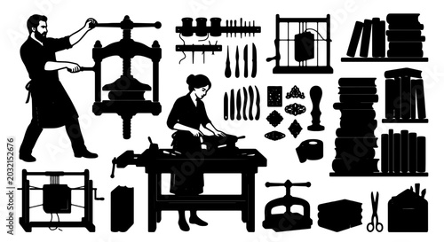 Slika na platnu Vintage Printing Press Tools and Books, Artisan Craftsmanship, Historical Bookbi
