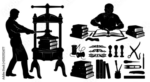 Vintage Printing Press and Bookbinding Tools, Silhouette Set for Publishing and Crafting
