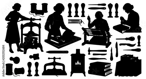 Bilde på lerret Vintage Bookbinding and Printing Craftsmanship Silhouettes, Historical Artisan T