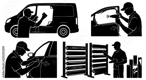 Vehicle Window Tinting Service, Professional Car Film Application, Automotive Vinyl Wrap Installation, Skilled Technician at Work, Commercial Transport Customization