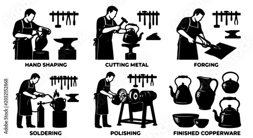 Canvas Print Blacksmithing and Metalworking Process Icons, Hand Shaping to Polishing Copperwa
