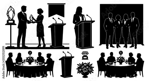 Fotografie Award Ceremony and Business Presentation Silhouettes, 60 Vector Icons Set: Achie