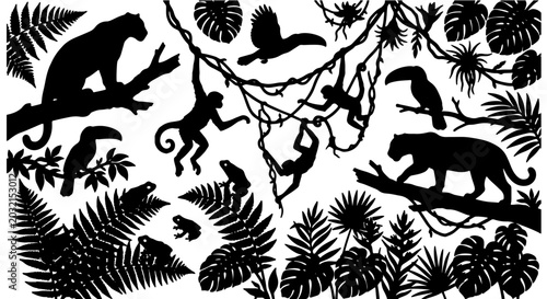Photography Jungle Silhouette Vector Pack: Tropical Animals, Exotic Plants, and Rainforest W