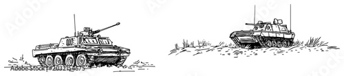 Photos Military tanks and armored vehicles on terrain in vintage engraving style