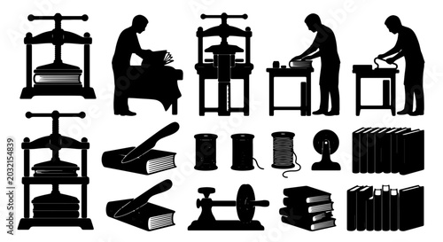 Bild auf Leinwand Vintage Printing Press Icons, Bookbinding Equipment Set, Silhouette Craft Tools,