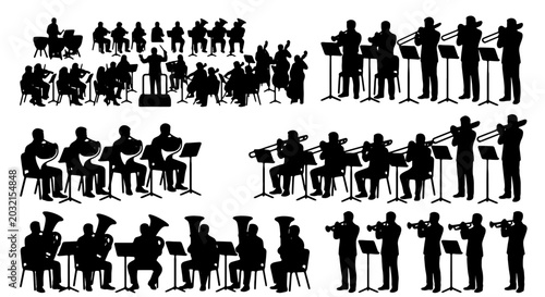 Orchestra Silhouettes, Classical Music Ensemble Vector Set, Symphony Band Musicians Performing, Concert Performance Icons, Black and White Music Group Graphics