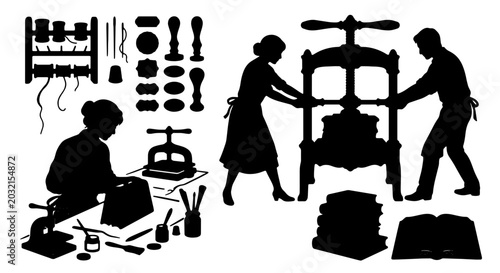 Schilderij op canvas Vintage Printing Press and Bookbinding Workshop, Silhouette Set: Historical Craf