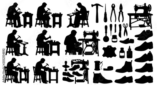 Foto Cobbler Craftsmanship Vector Icons: Shoemaker Tools, Leather Goods, and Footwear