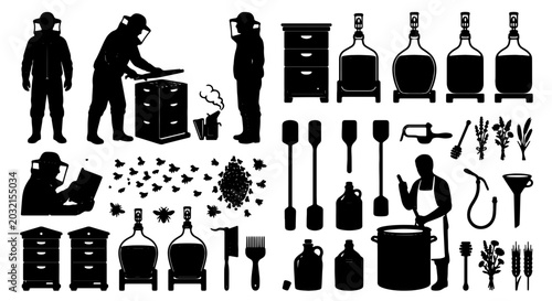 Schilderij op canvas Beekeeping and honey production silhouette set, professional apiary equipment an