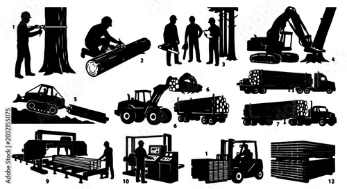 Logging Industry Icons, Forestry Equipment & Lumber Production Vector Set: Timber Harvesting, Wood Processing, Transportation & Construction Elements