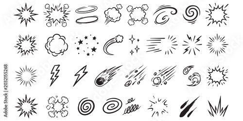 Set of hand drawn comic book action effects and explosion shapes for graphic design Vector, illustration
