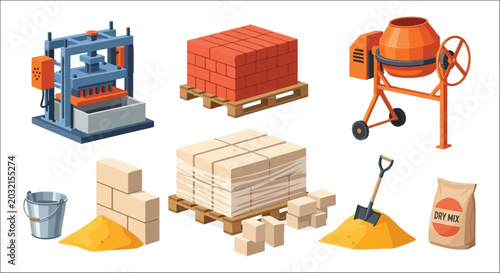 Obraz na płótnie Brickmaking Equipment And Materials Vector Illustration brick