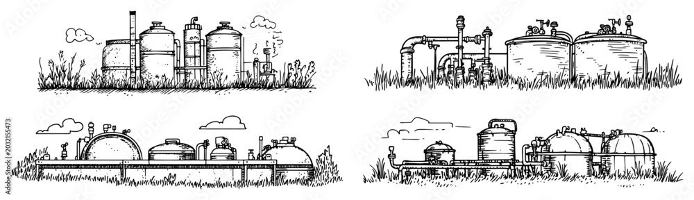 Obraz premium Industrial oil storage tanks and refinery pipe system infrastructure in hand drawn vintage sketch style