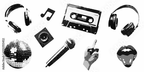 music themed collage with headphones disco ball and microphone on white