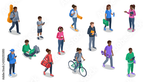 Photos Diverse students walking and studying on campus | Isometric characters set of un