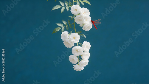 White flowers with red dragonfly