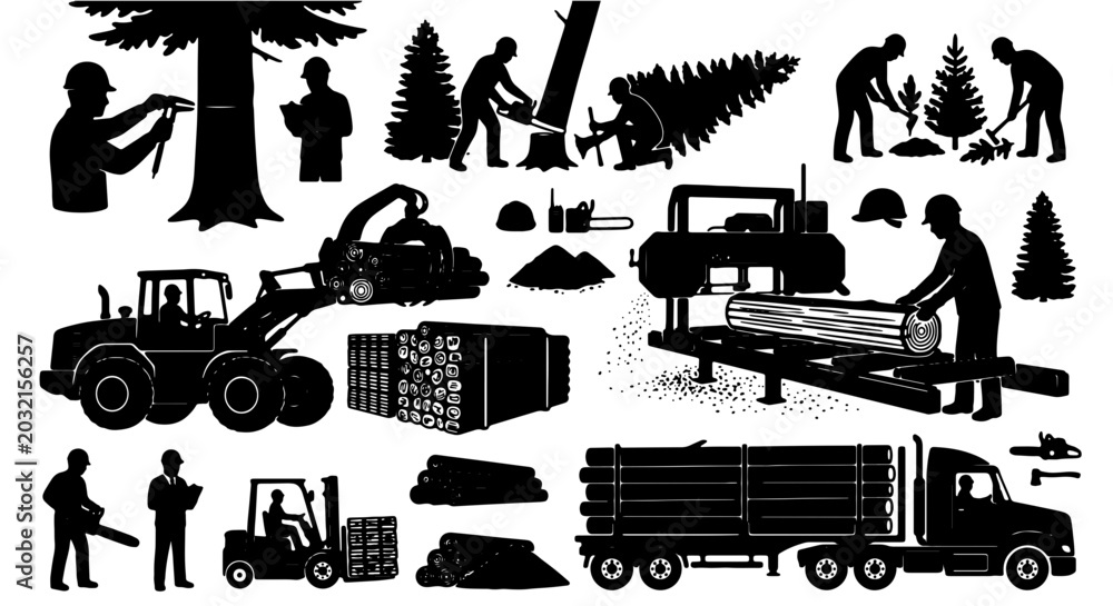Obraz premium Lumberjack and Forestry Icons Set, Wood Industry Equipment and Timber Harvesting Vector Graphics, Logging Operations and Forest Management Collection