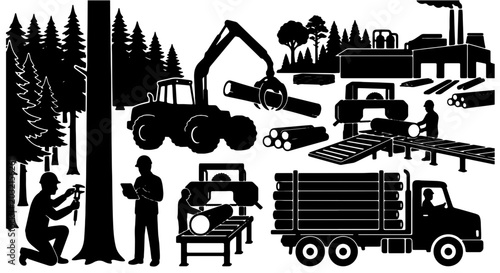 Fotografi Forestry and Lumber Industry Icons Set: Logging, Sawmill Operations, Timber Tran