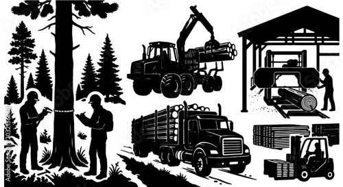 Forestry and Lumber Industry Icons: Logging, Sawmill, Truck, Forklift, and Forest Workers Vector Set