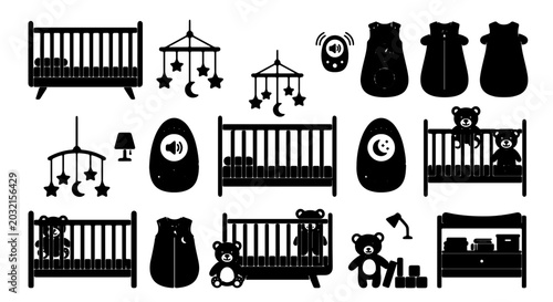 Fotografía Baby Nursery Icons Set: Cribs, Teddy Bears, Mobiles, Sleep Sacks, Lamps, and Ala
