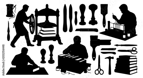 Tableau sur toile Bookbinding Craftsmanship Set: Artisanal Book Maker Tools, Vintage Press, Silhou