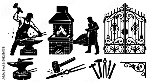 Schilderij op canvas Blacksmithing Set: Forge, Anvil, Tools, and Ornate Gates Vector Icons for Indust