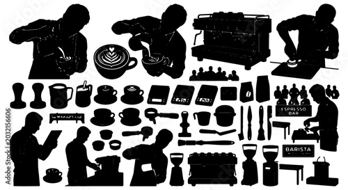 Fotografía Barista Silhouette Collection, Coffee Shop Elements, Espresso Machine Icons, Lat