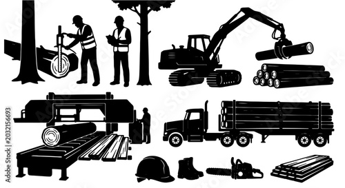 Logging Industry Icons Set, Forestry Equipment and Workers, Timber Harvesting and Transport Vector Graphics, Wood Processing Tools