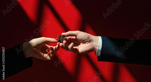 Two hands exchanging a small object against a vivid red background