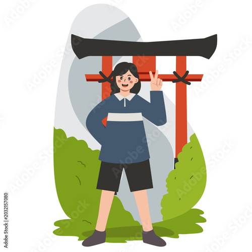 Japanese Shrine Travel Tourist Flat Vector Illustration