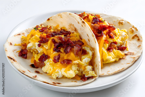 Classic Texas Breakfast Taco Served on a Plate with Scrambled Eggs, Cheese, and Crispy Bacon