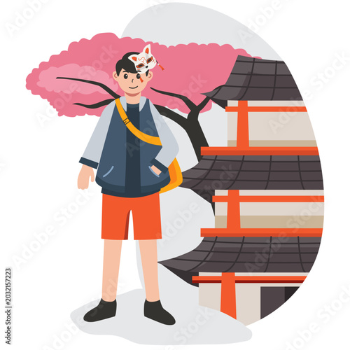 Japan Temple Tourism Flat Vector Illustration