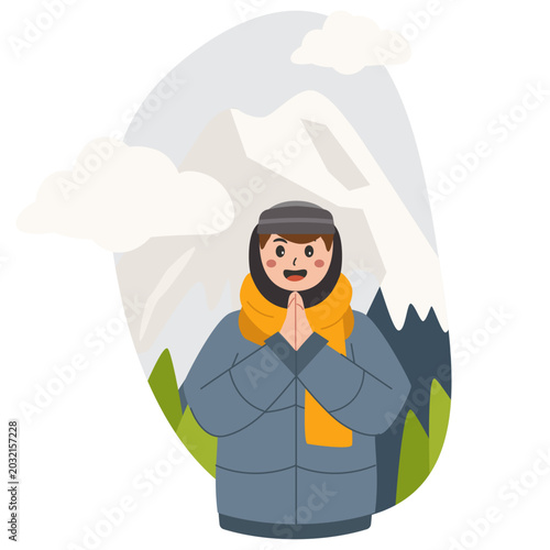 Winter Japan Tourist Flat Vector Illustration