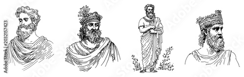 Tableau sur toile Ancient Greek philosophers and Roman emperors portraits set vector line art engr
